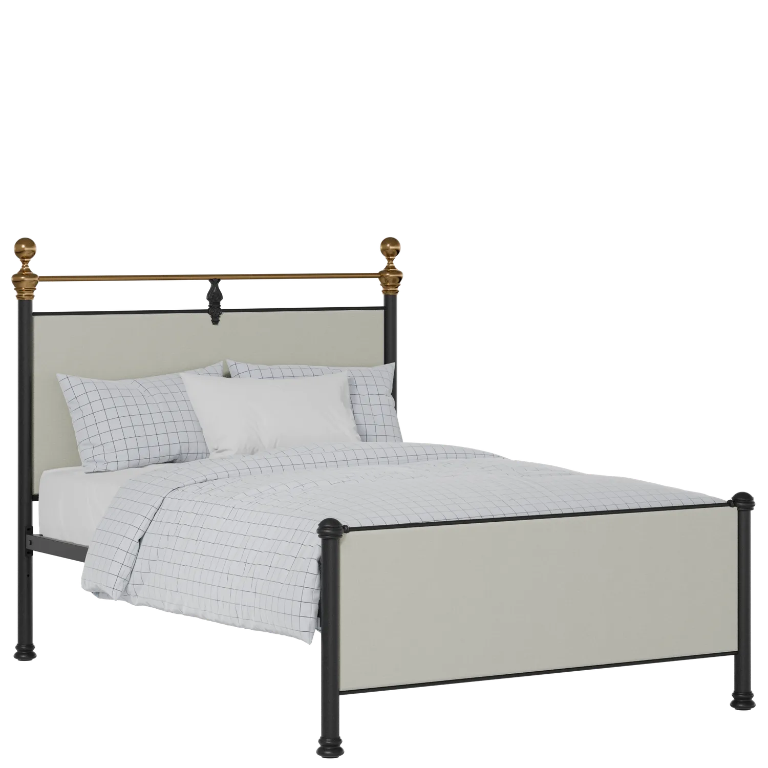 Bastille iron/metal upholstered bed in black with oatmeal fabric