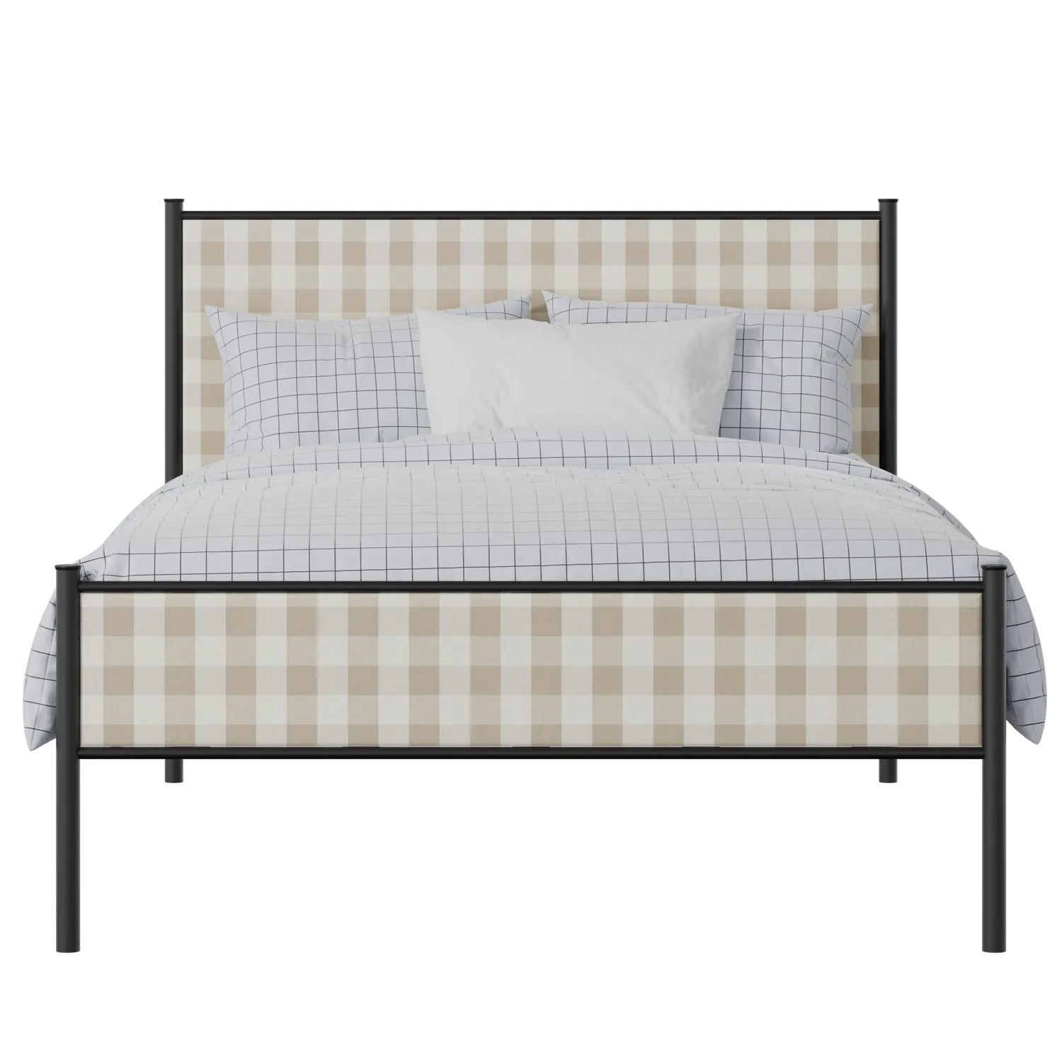 Brest Slim iron/metal upholstered bed in black with Romo Kemble Putty fabric