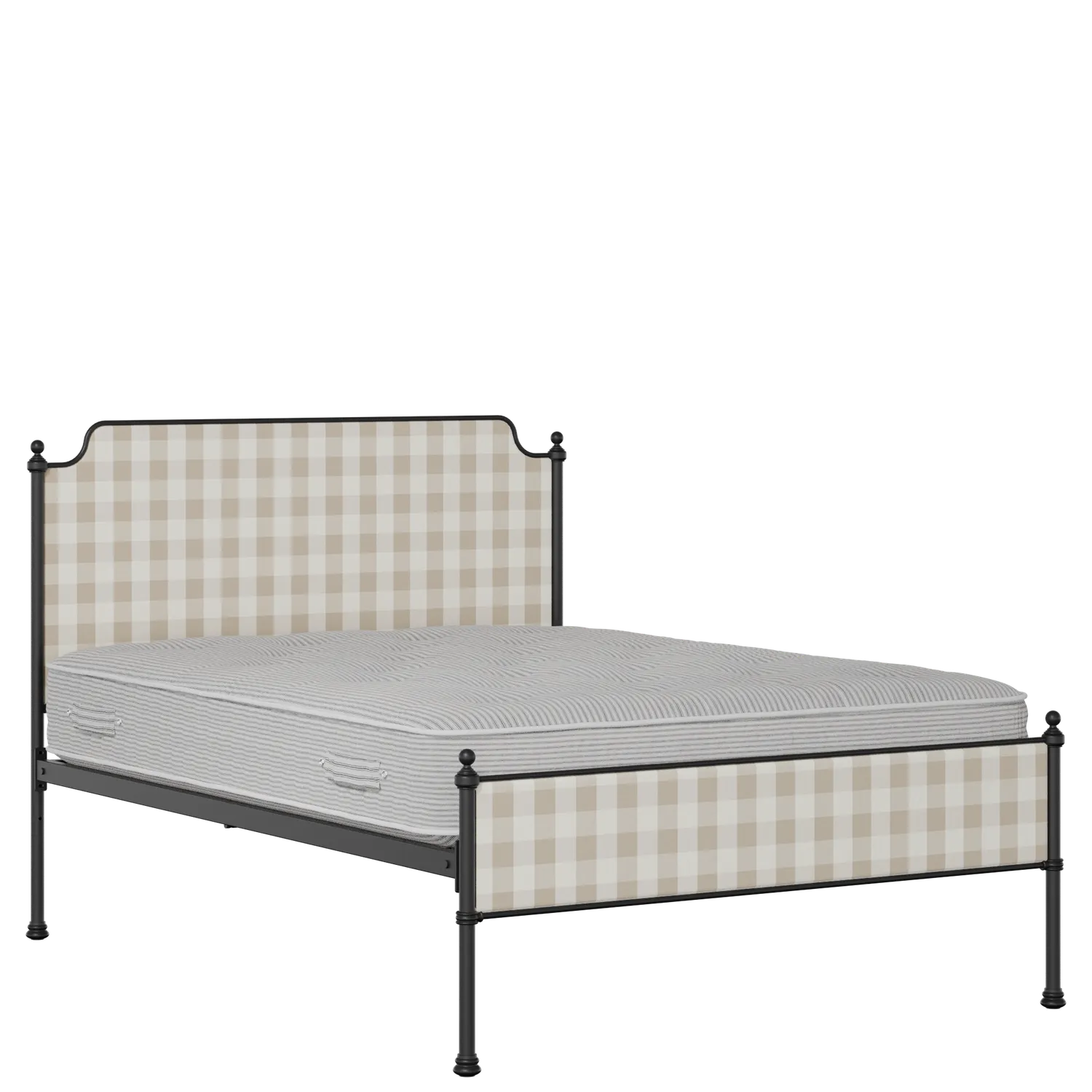 Miranda Slim iron/metal upholstered bed in black with Romo Kemble Putty fabric