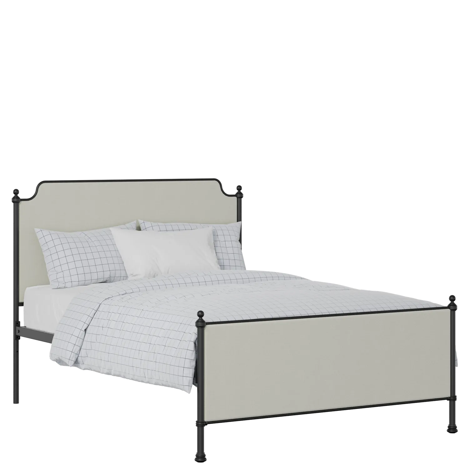 Miranda iron/metal upholstered bed in black with oatmeal fabric