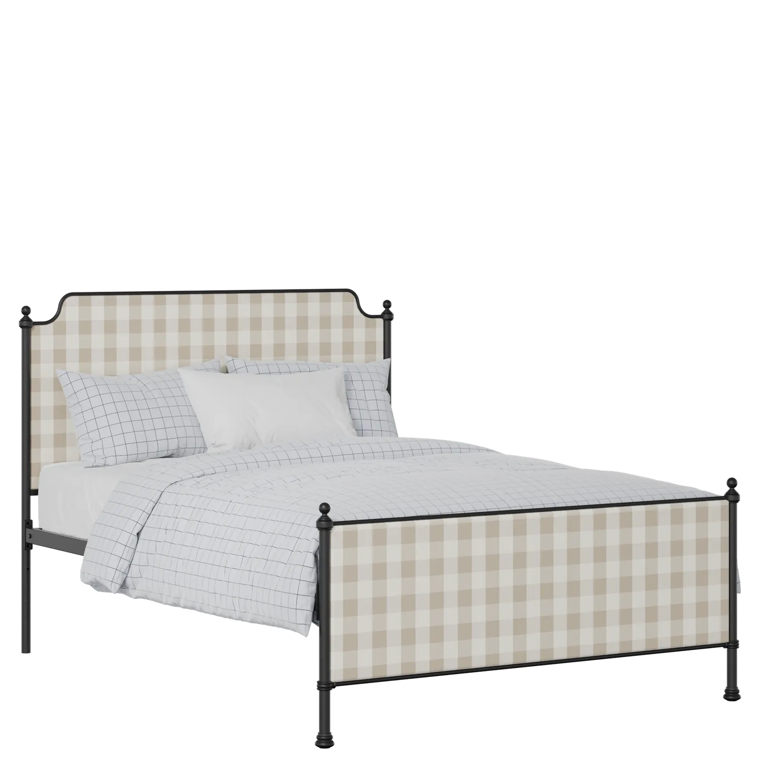 Miranda iron/metal upholstered bed in black with Romo Kemble Putty fabric