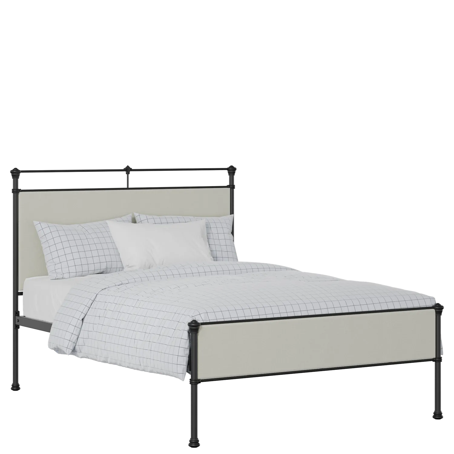 Nancy Slim iron/metal upholstered bed in black with oatmeal fabric