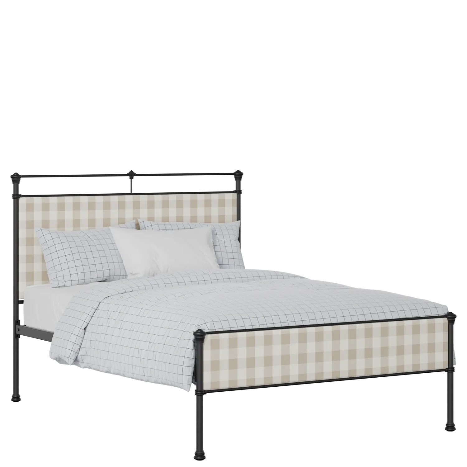 Nancy Slim iron/metal upholstered bed in black with Romo Kemble Putty fabric