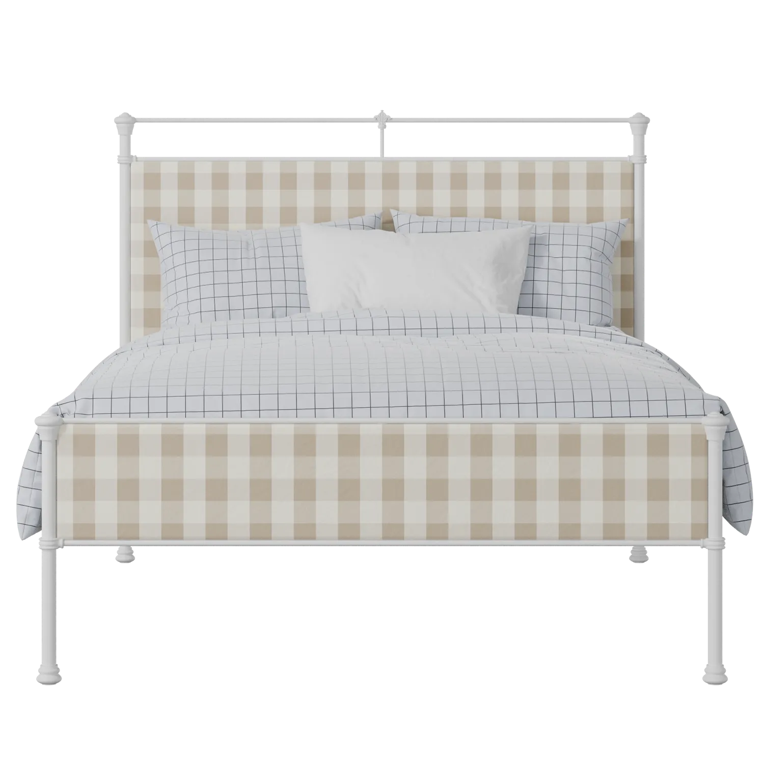 Nancy Slim iron/metal upholstered bed in white with grey fabric
