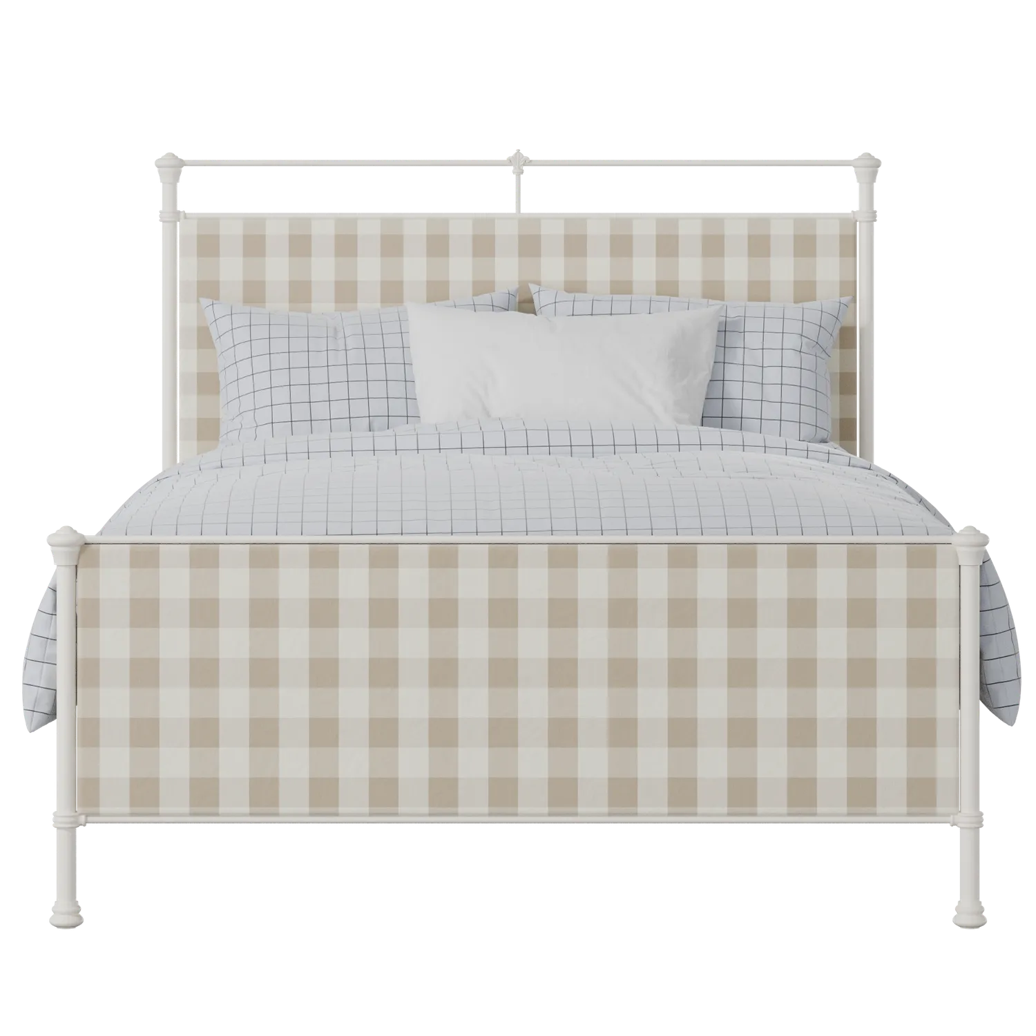 Nancy iron/metal upholstered bed in ivory with grey fabric