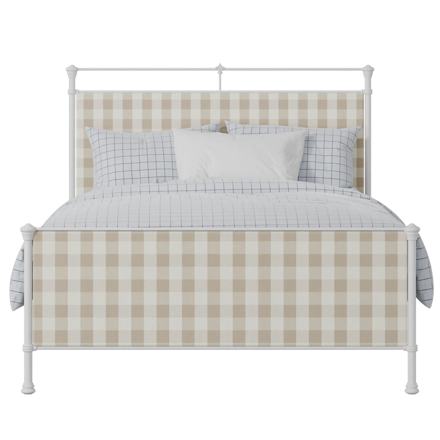 Nancy iron/metal upholstered bed in white with grey fabric