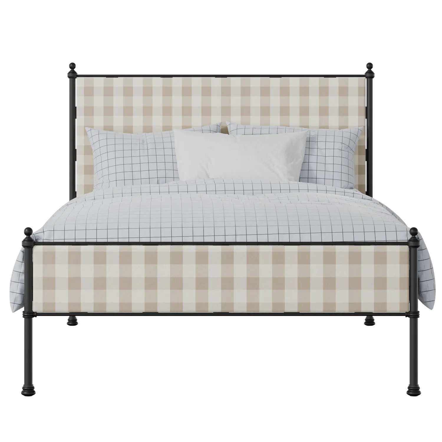 Neville Slim iron/metal upholstered bed in black with Romo Kemble Putty fabric