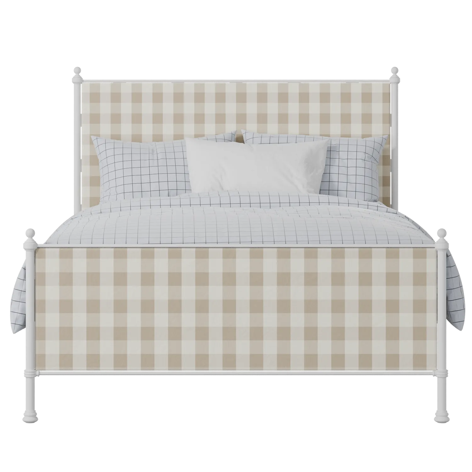 Neville iron/metal upholstered bed in white with grey fabric