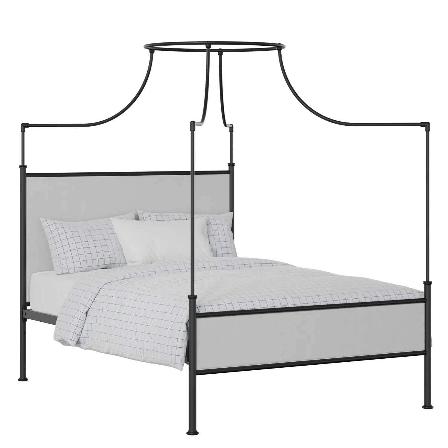 Waterloo Slim iron/metal upholstered bed in black with silver fabric