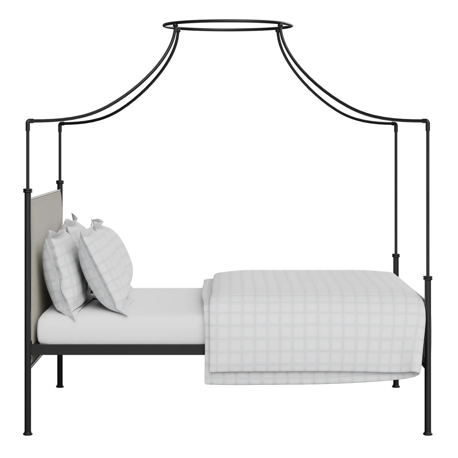 Waterloo iron/metal upholstered bed in black with grey fabric