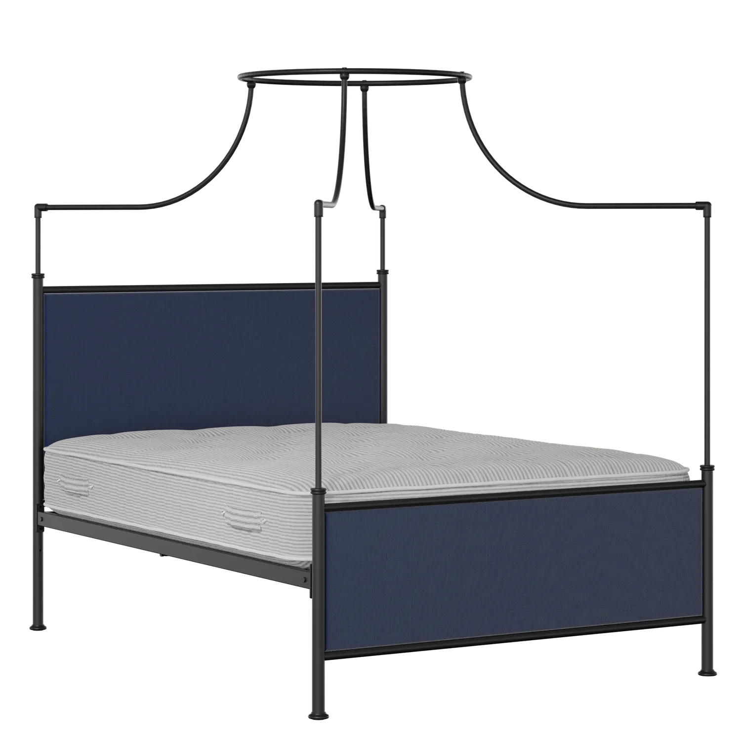 Waterloo iron/metal upholstered bed in black with blue fabric