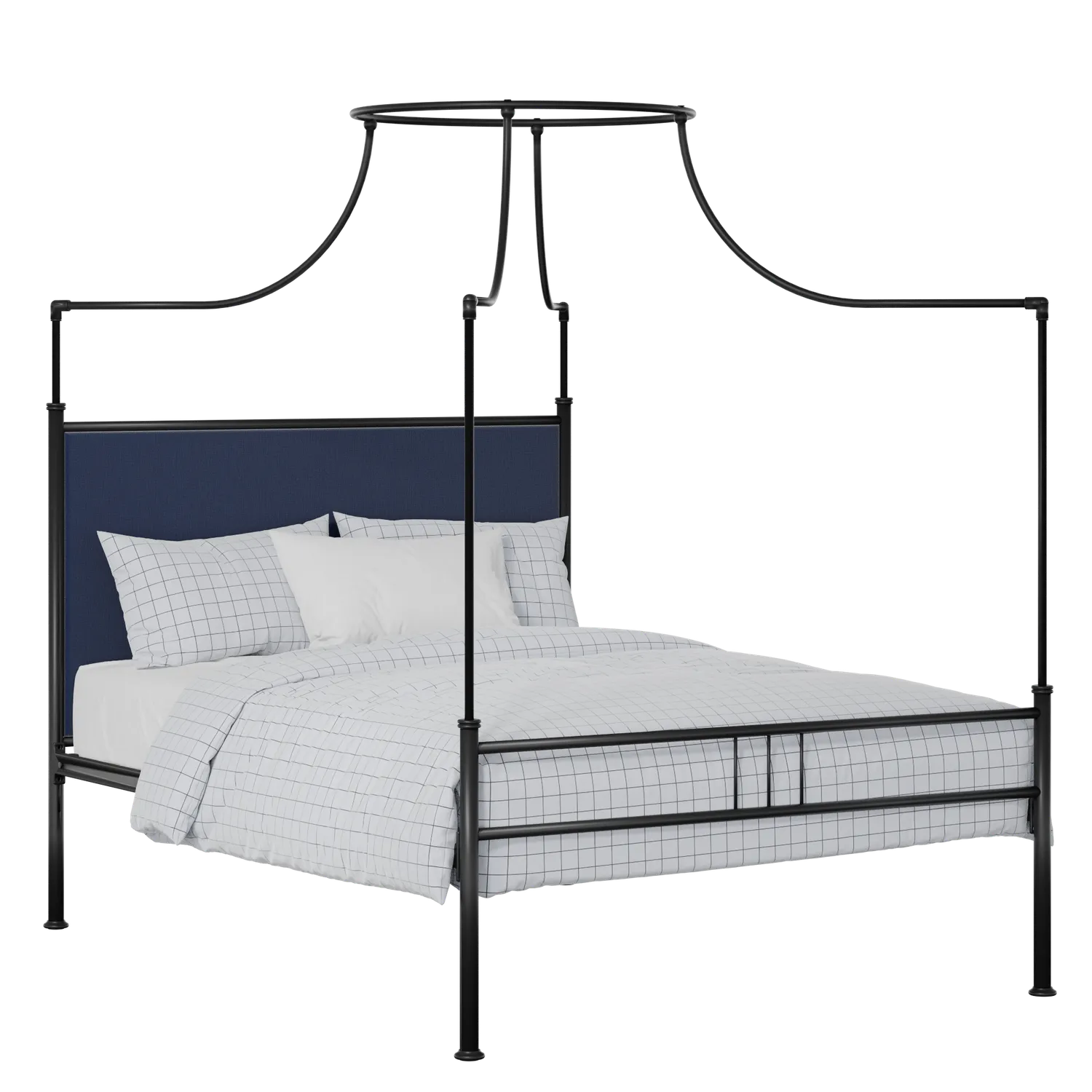 Waterloo Zero iron/metal upholstered bed in black with blue fabric