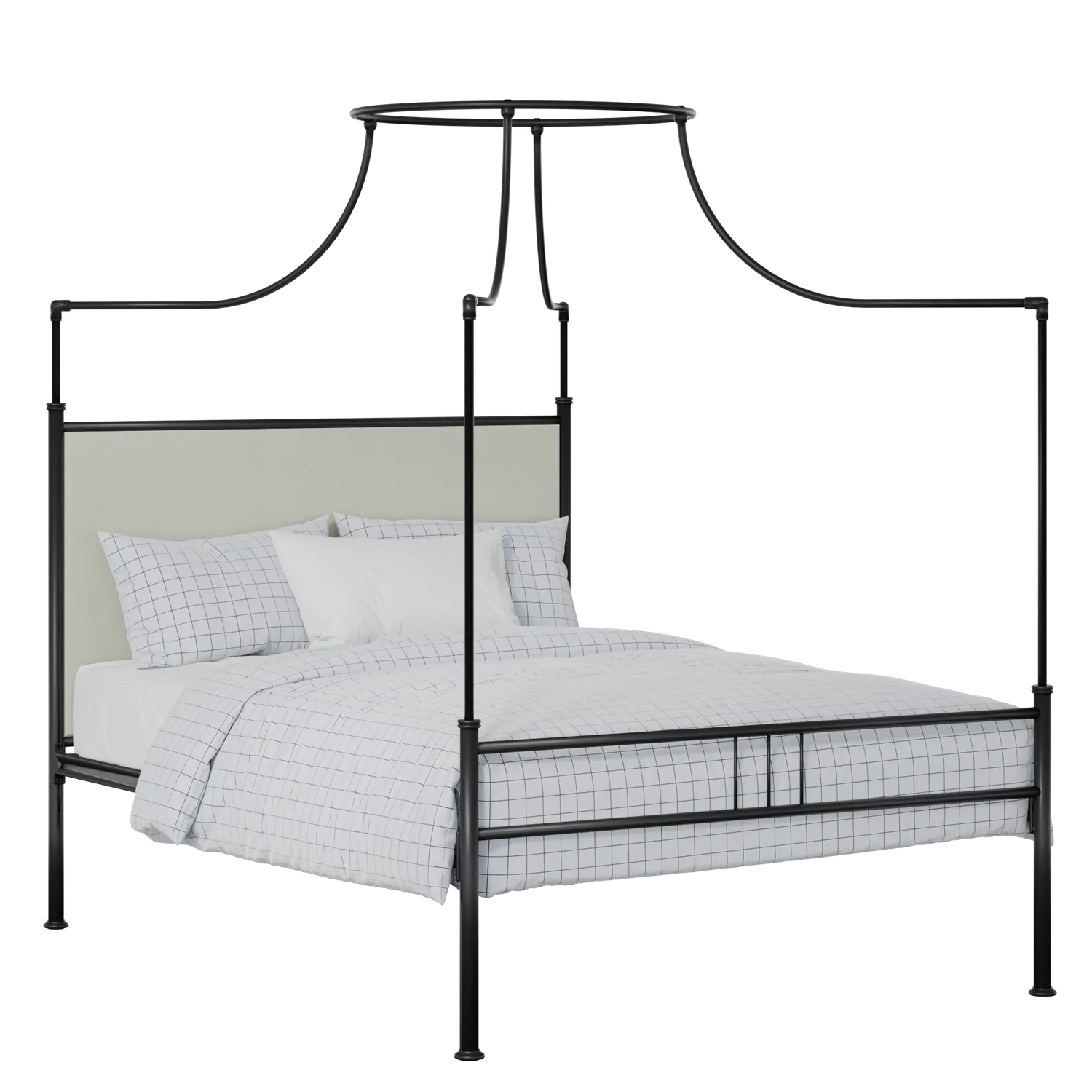 Waterloo Zero iron/metal upholstered bed in black with oatmeal fabric