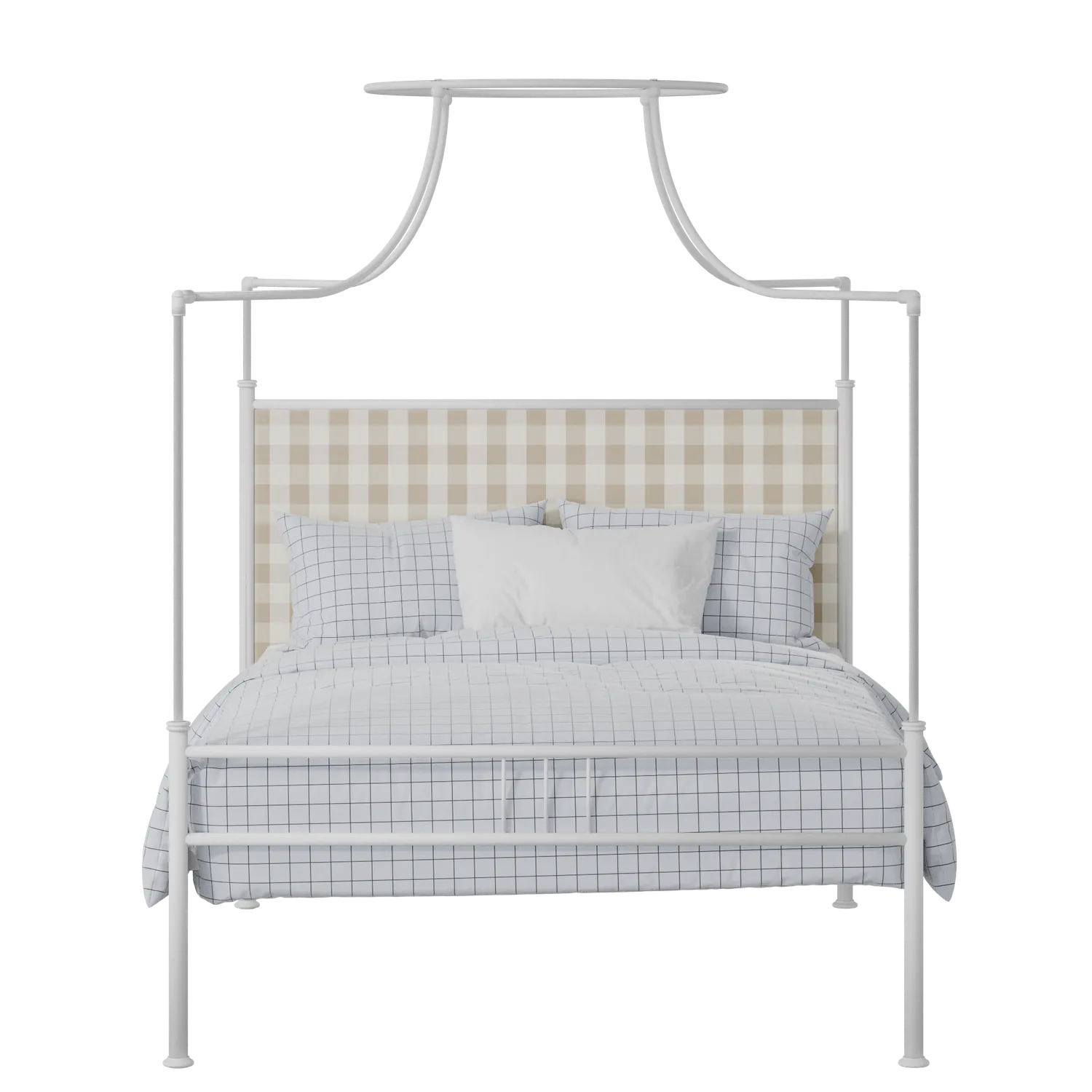 Waterloo Zero iron/metal upholstered bed in white with grey fabric