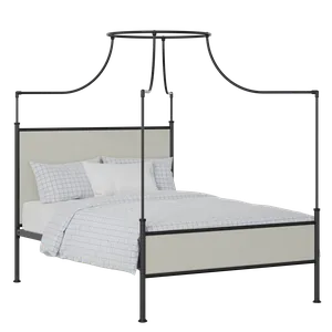 Waterloo Slim iron/metal upholstered bed in black with oatmeal fabric - Thumbnail