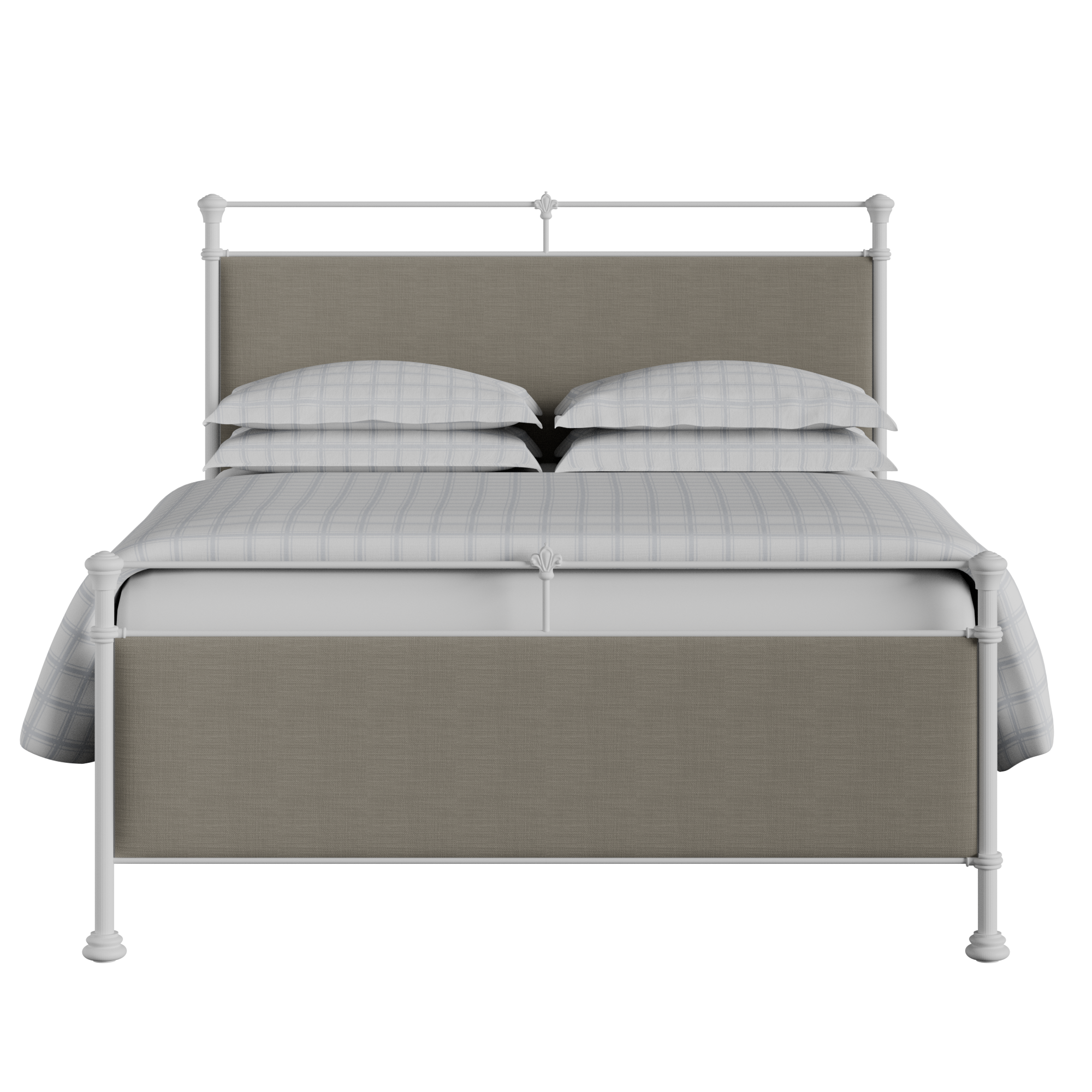 Nancy iron/metal upholstered bed in white with grey fabric