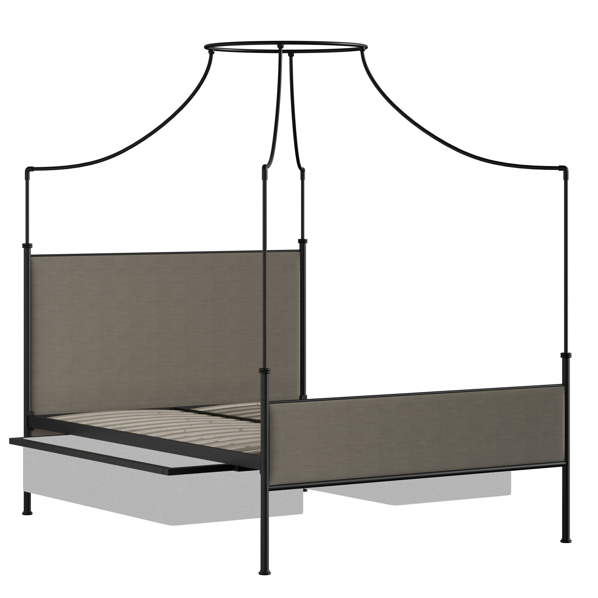 Waterloo iron/metal upholstered bed in black with drawers