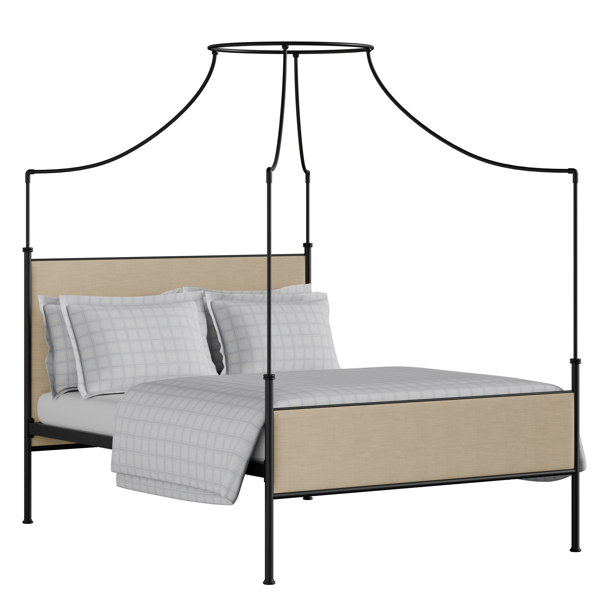 Waterloo iron/metal upholstered bed in black with natural fabric