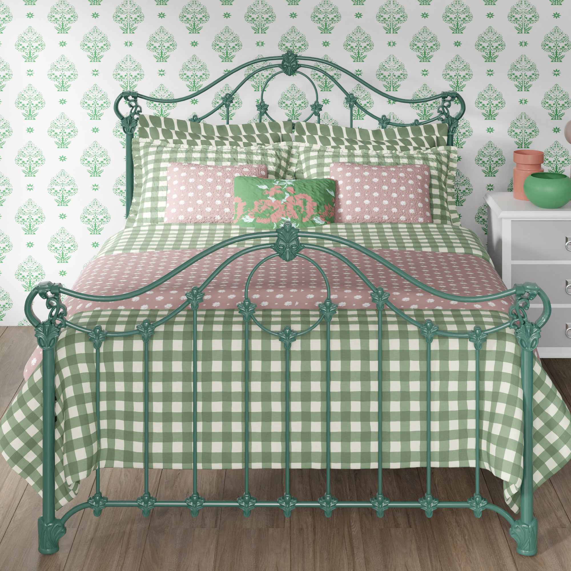 Alva iron bed frame - Image green and white bedroom