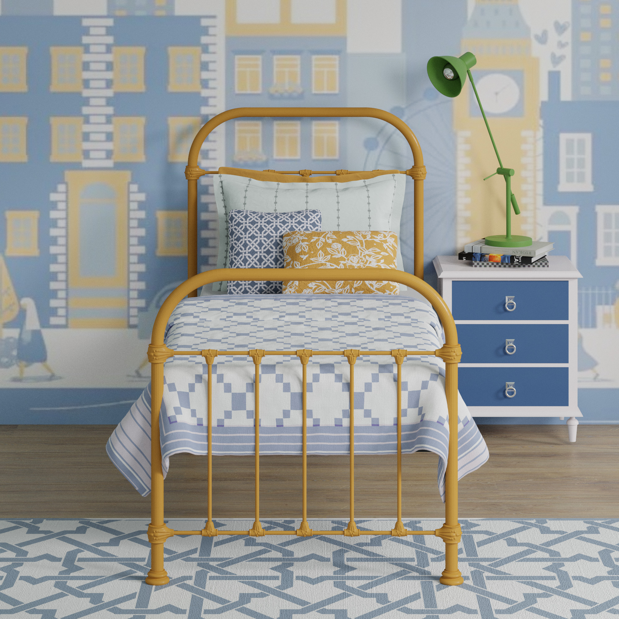 Timolin single iron bed - Blue and orange bedroom
