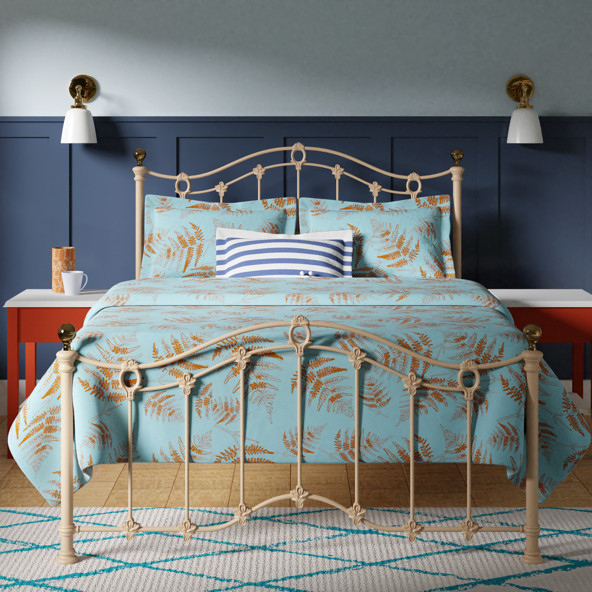 Clarina low footend iron bed - Blue and orange bedroom