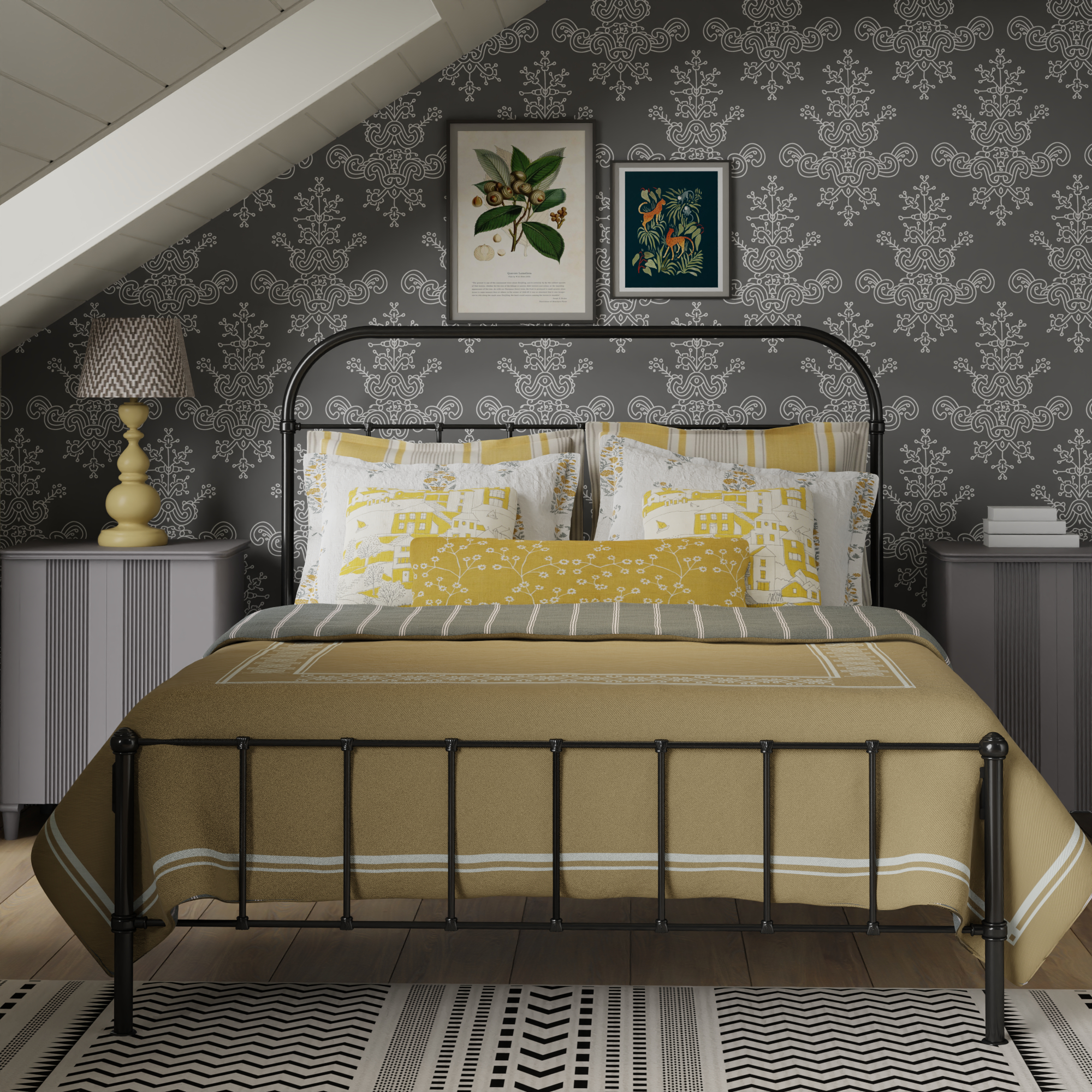 Solomon iron bed - Image ochre grey bedroom