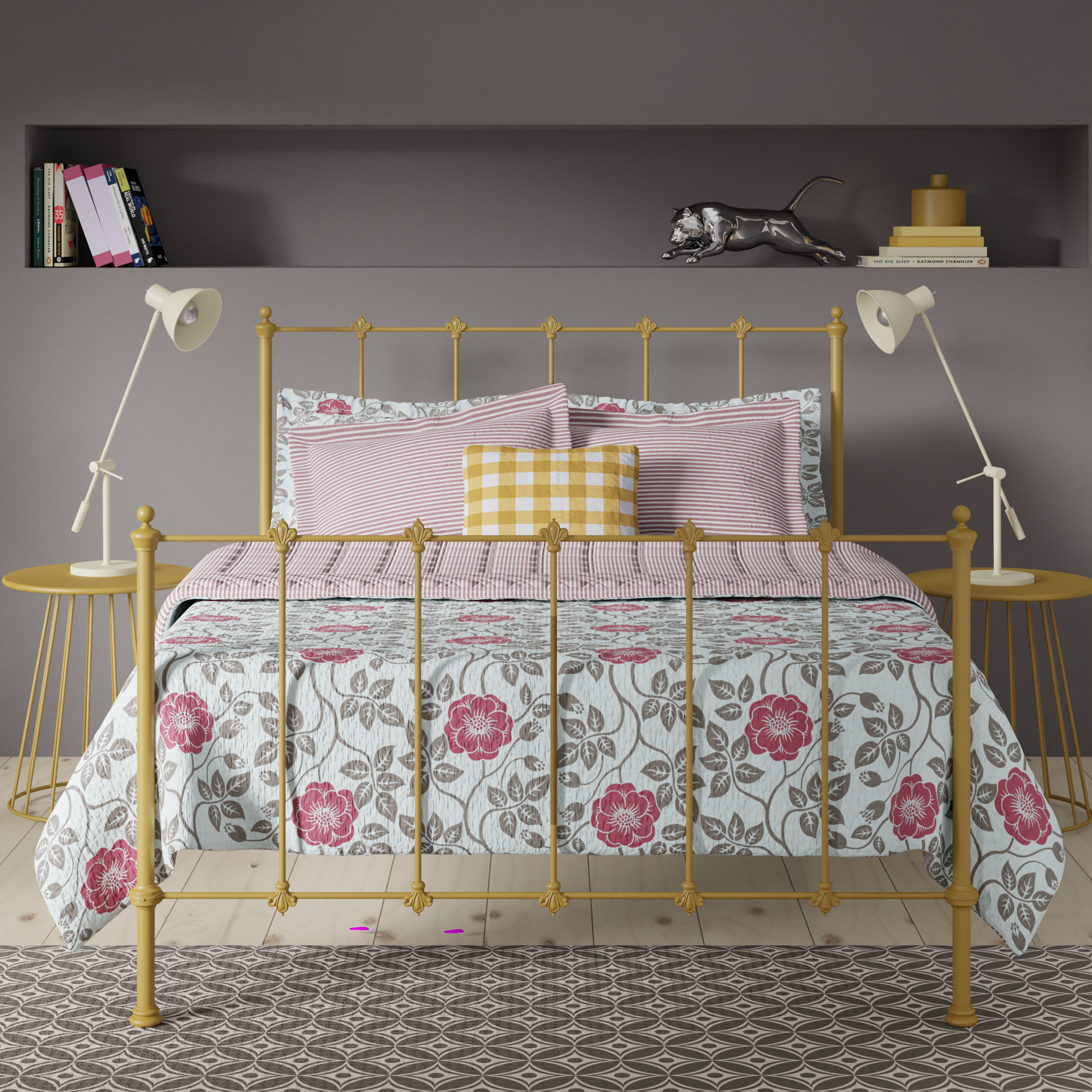 Paris iron bed - Image pink and ochre bedroom