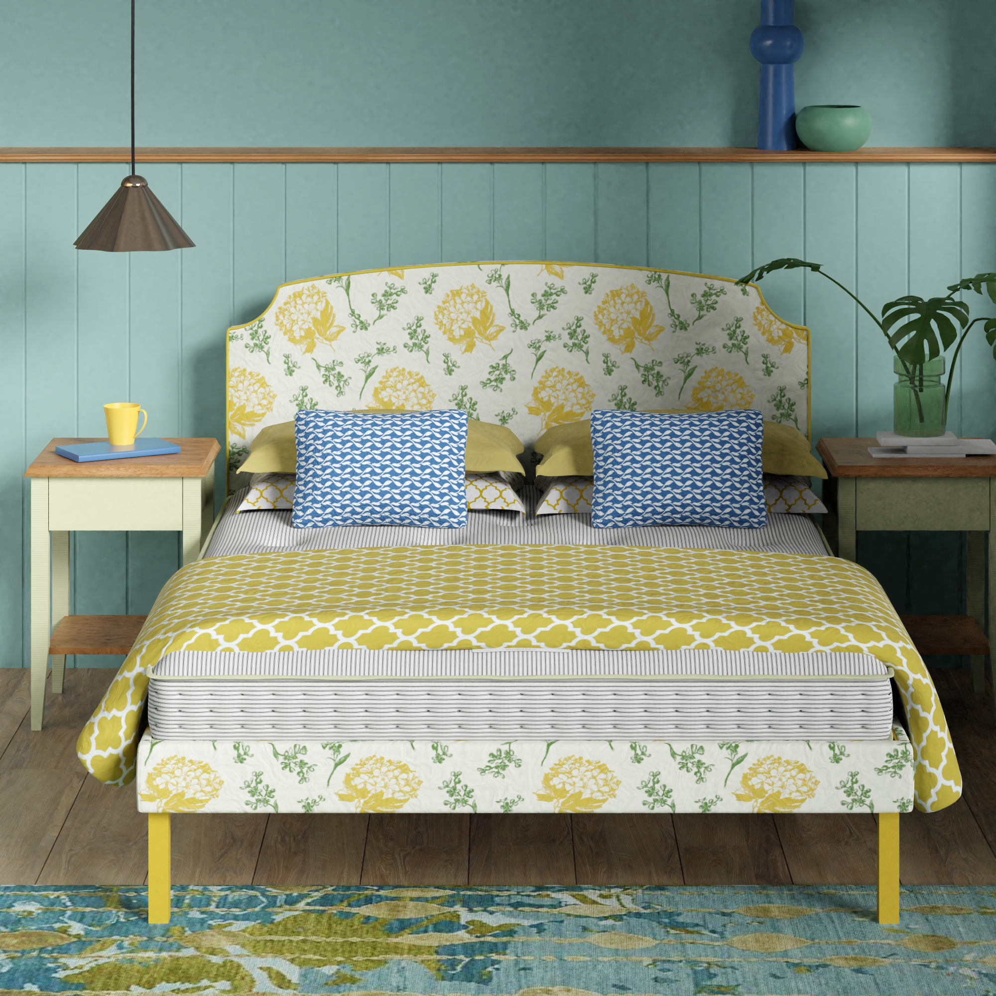 Yoshida upholstered bed - Image yellow and green bedroom