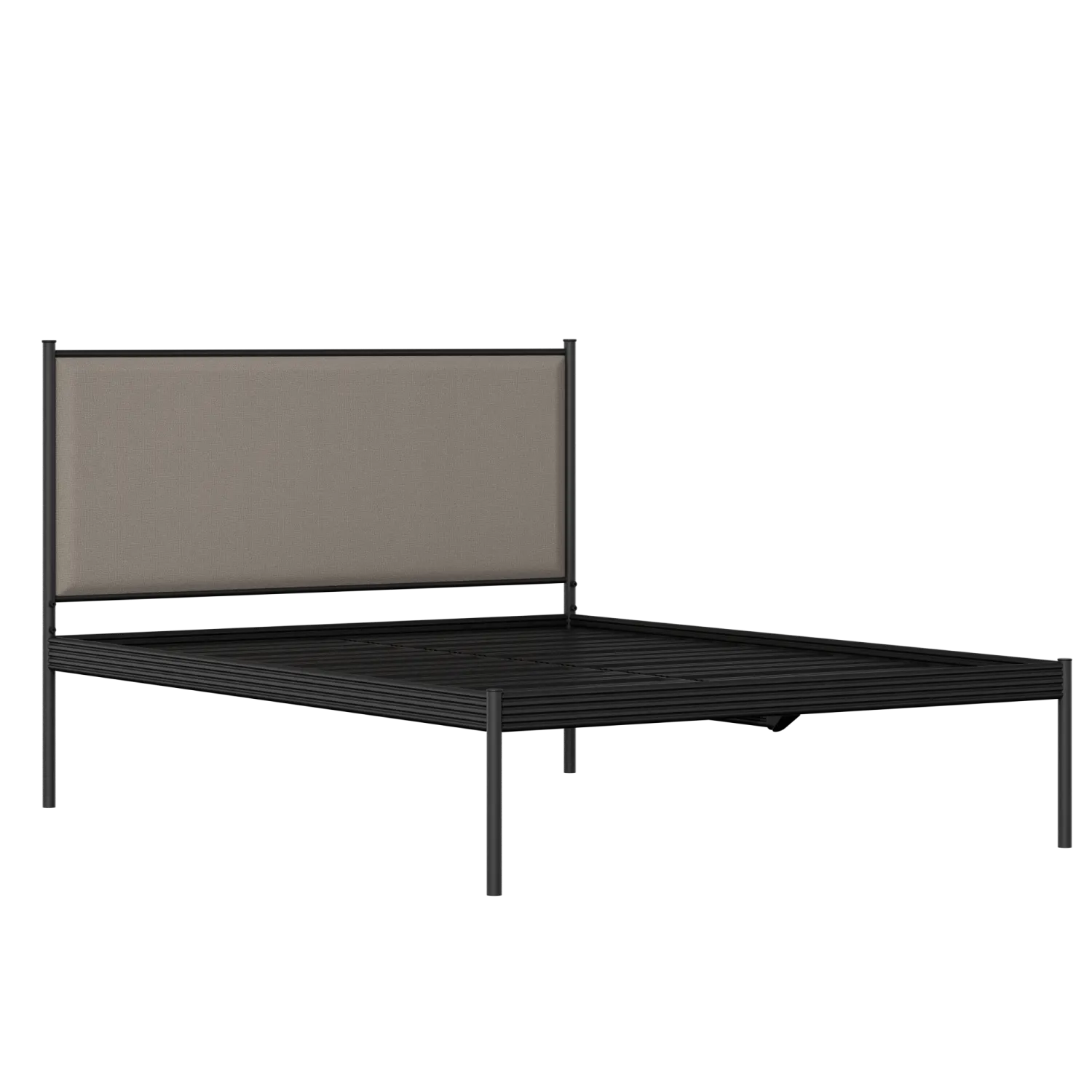 Evelyn iron/metal bed in black with storm grey fabric showing slats
