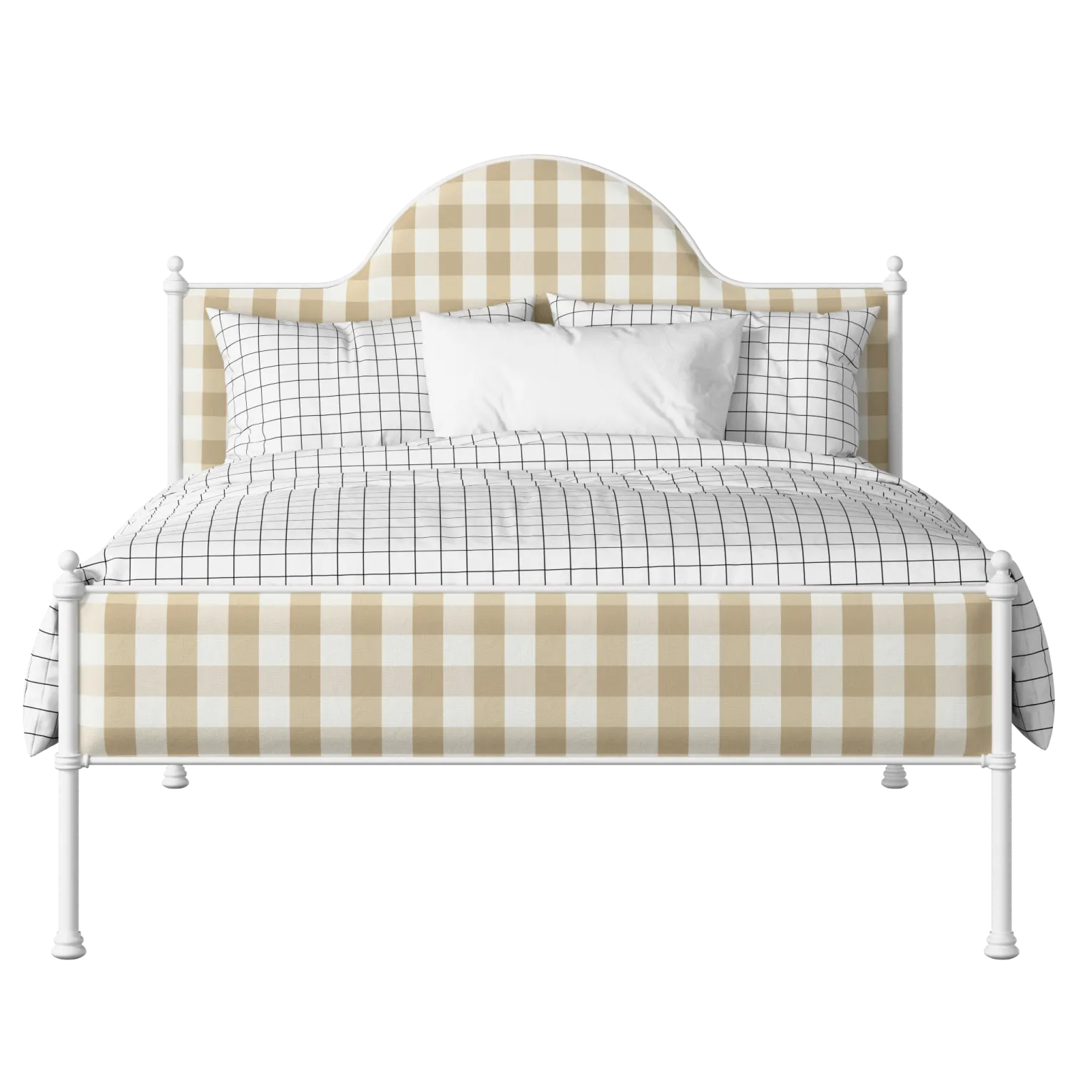 Albert Slim iron/metal upholstered bed in white with Romo Kemble Putty fabric