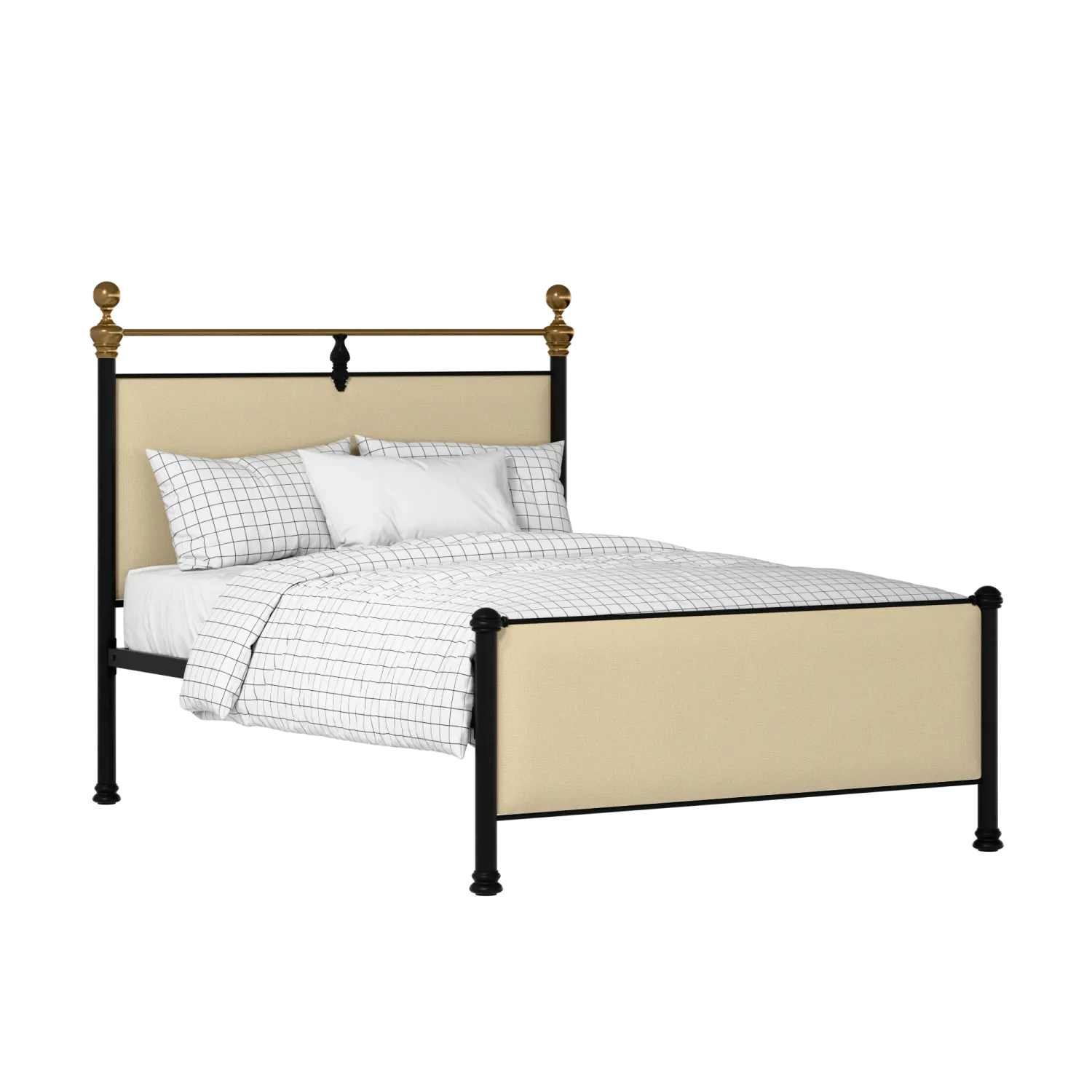 Bastille iron/metal upholstered bed in black with oatmeal fabric