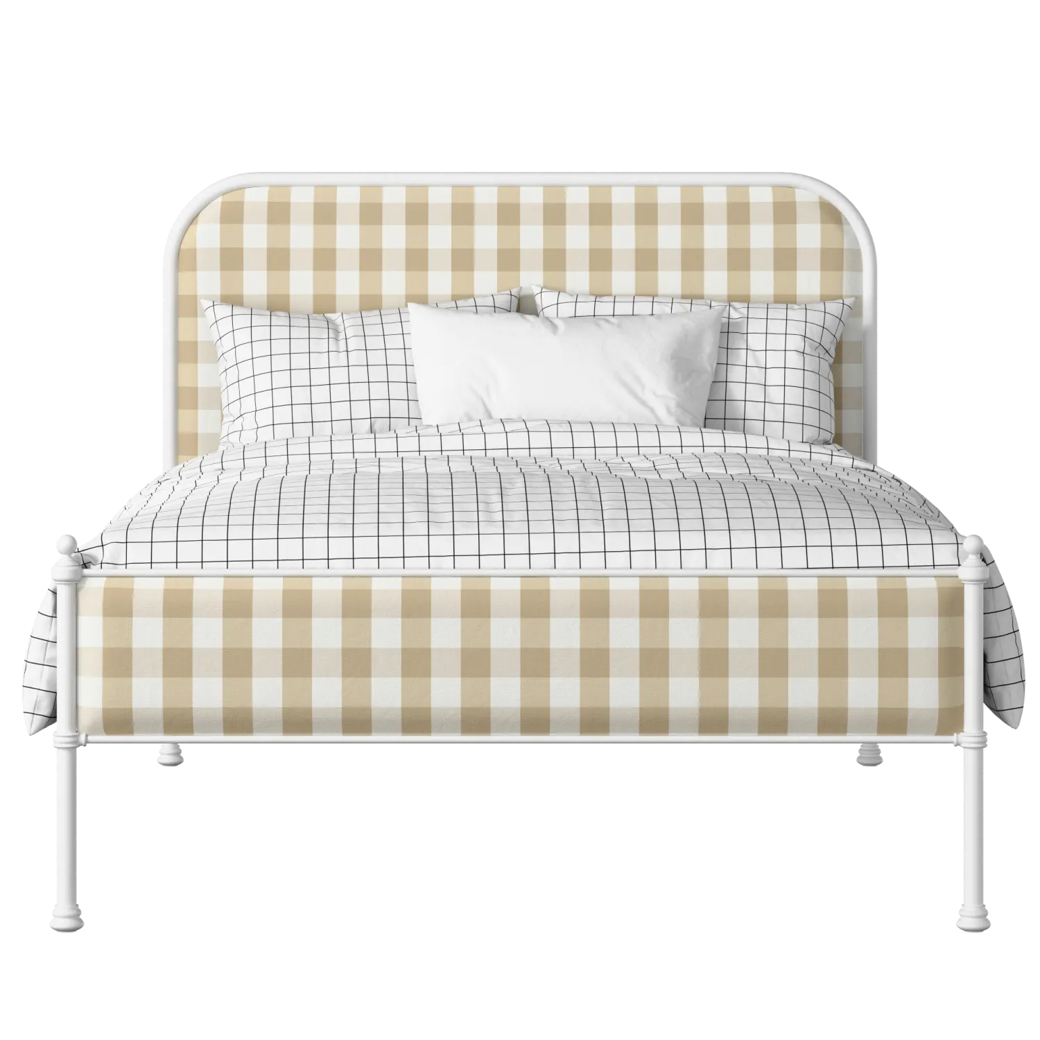 Bray Slim iron/metal upholstered bed in white with Romo Kemble Putty fabric