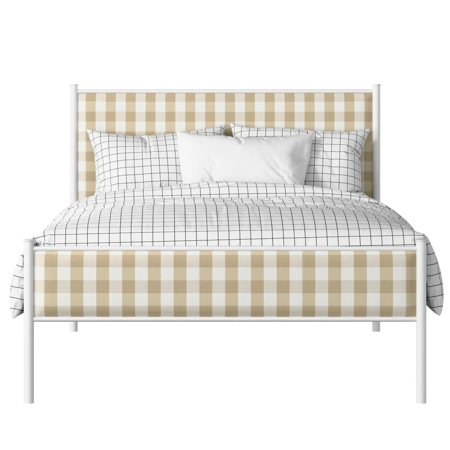 Brest Slim iron/metal upholstered bed in white with Romo Kemble Putty fabric