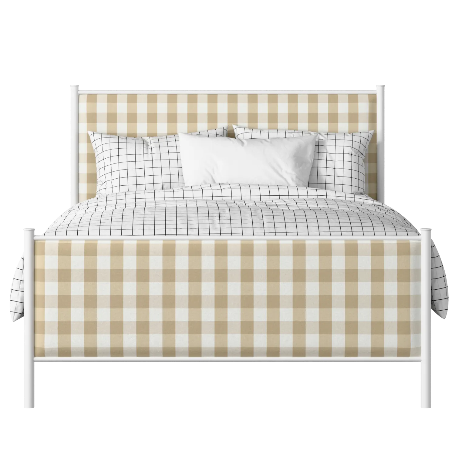 Brest iron/metal upholstered bed in white with Romo Kemble Putty fabric
