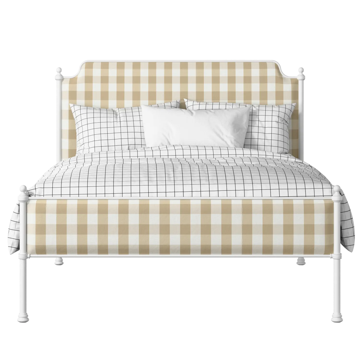 Miranda Slim iron/metal upholstered bed in white with Romo Kemble Putty fabric