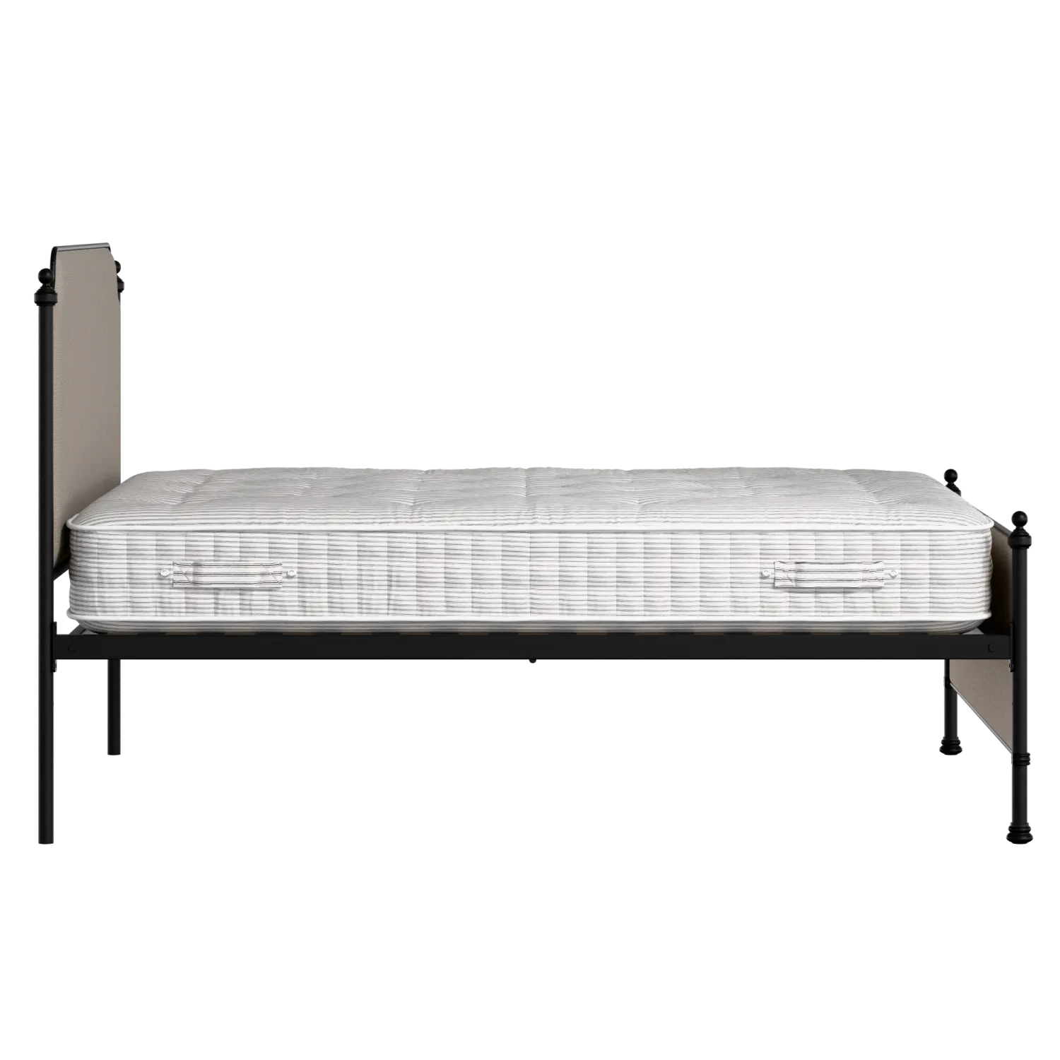 Miranda iron/metal upholstered bed in black with storm grey fabric