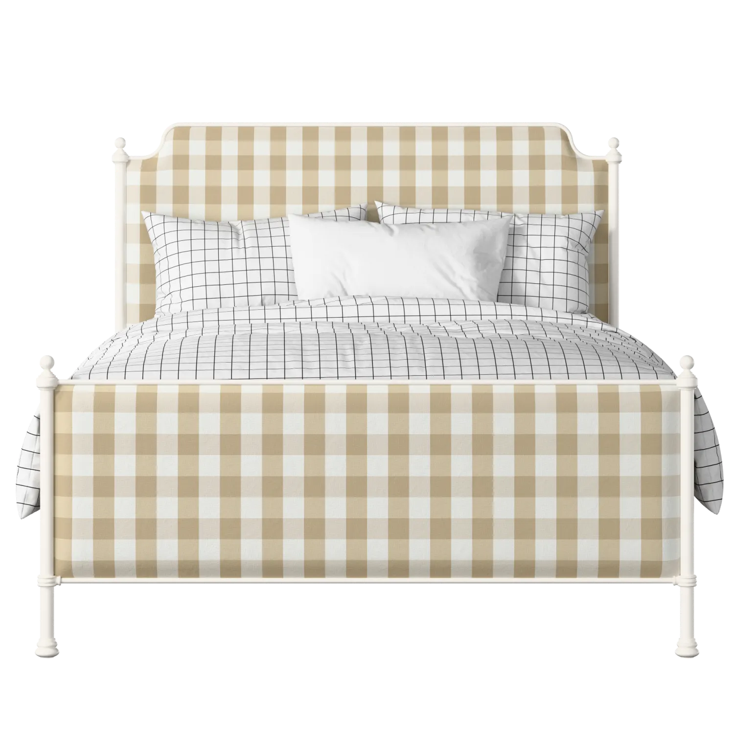 Miranda iron/metal upholstered bed in ivory with Romo Kemble Putty fabric