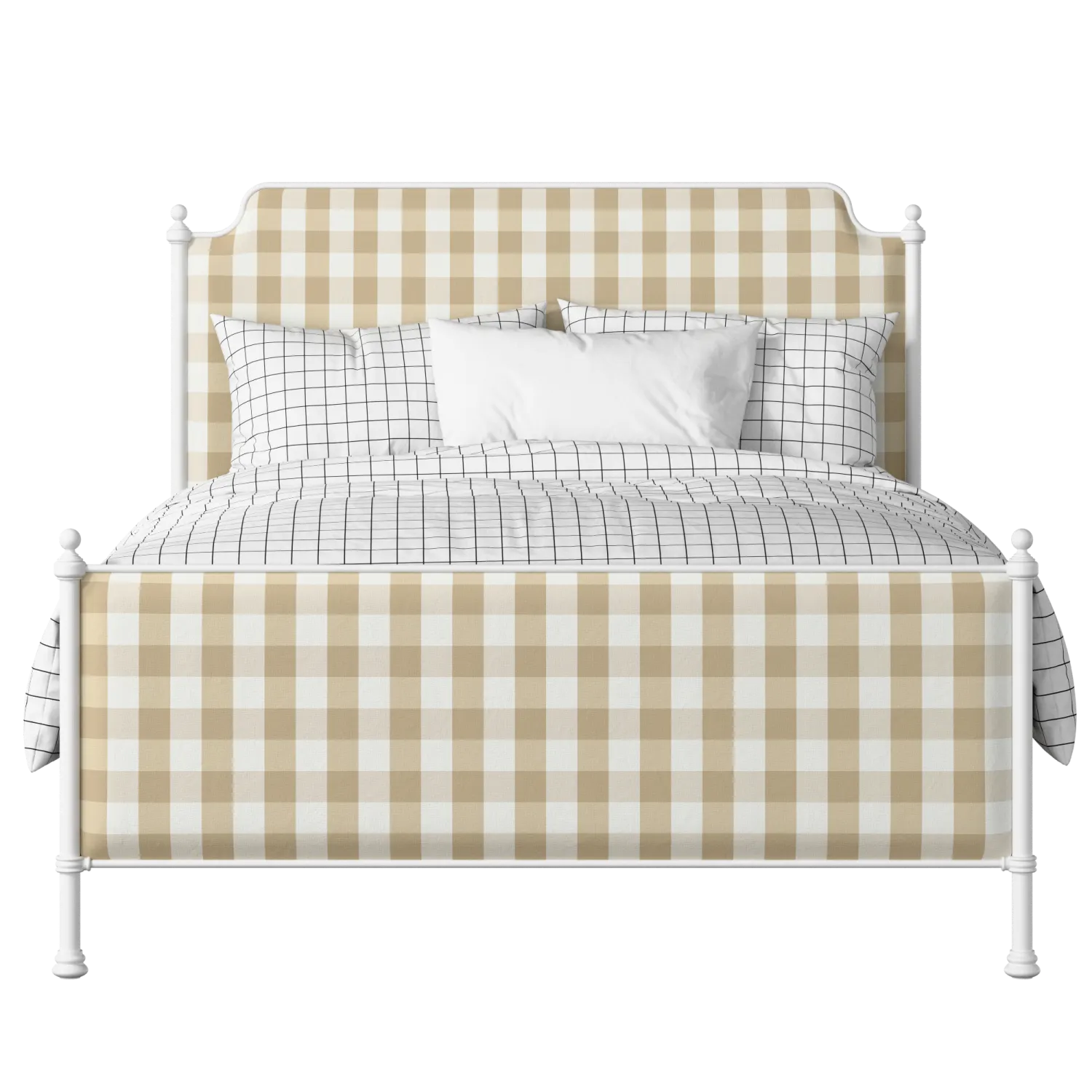 Miranda iron/metal upholstered bed in white with Romo Kemble Putty fabric
