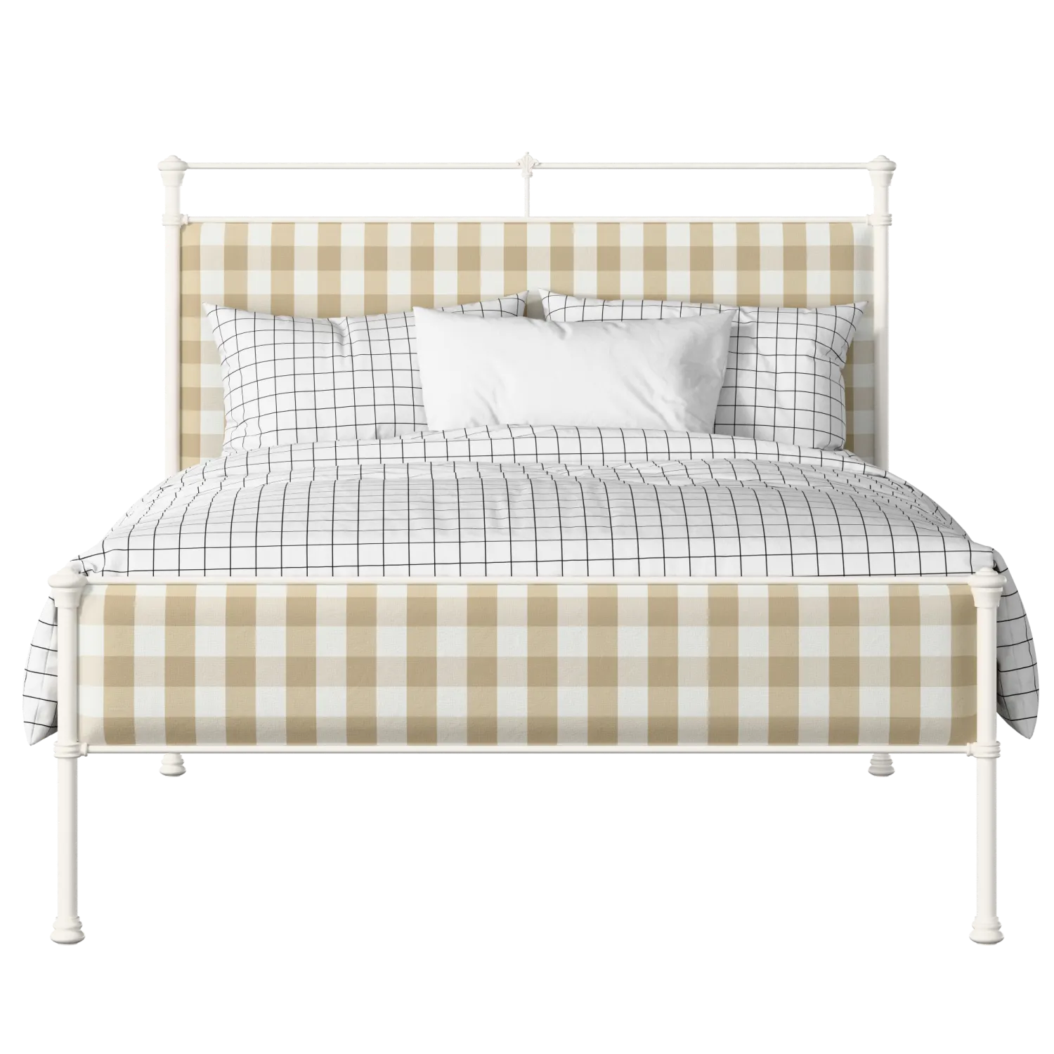 Nancy Slim iron/metal upholstered bed in ivory with Romo Kemble Putty fabric