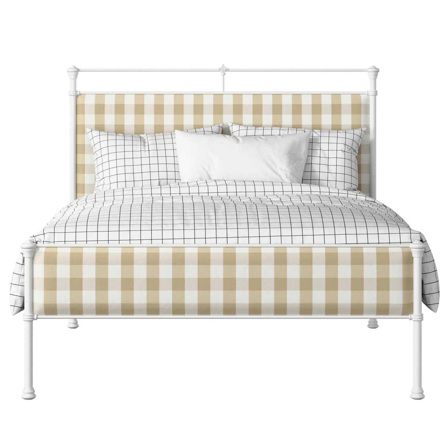 Nancy Slim iron/metal upholstered bed in white with Romo Kemble Putty fabric