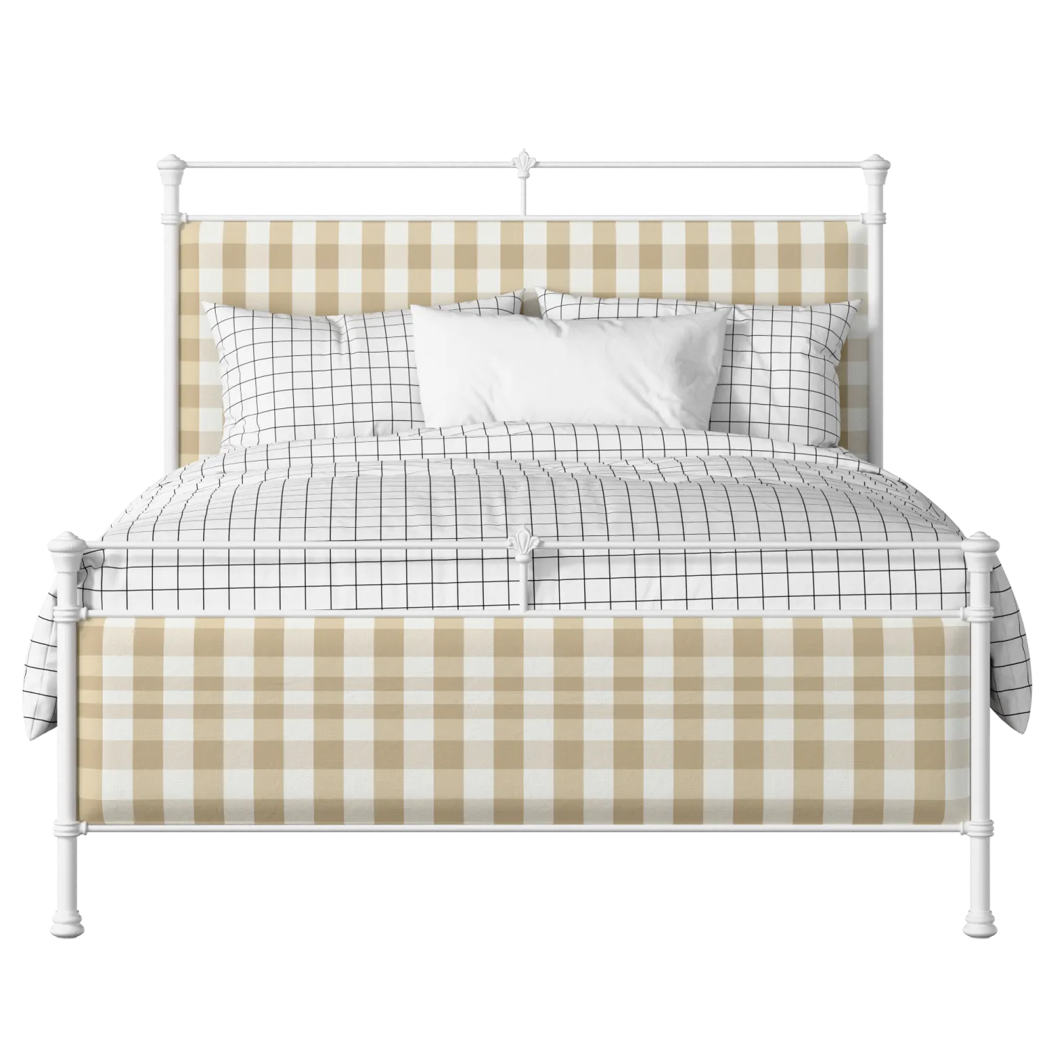 Nancy iron/metal upholstered bed in white with Romo Kemble Putty fabric