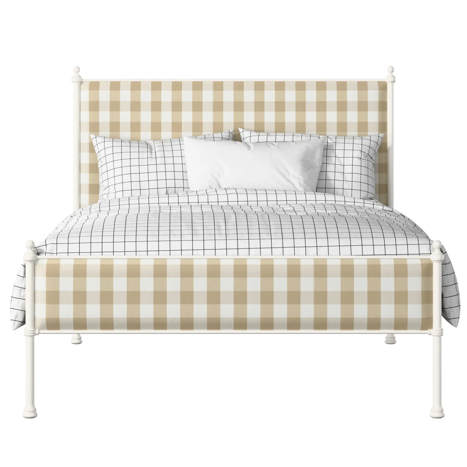 Neville Slim iron/metal upholstered bed in ivory with Romo Kemble Putty fabric