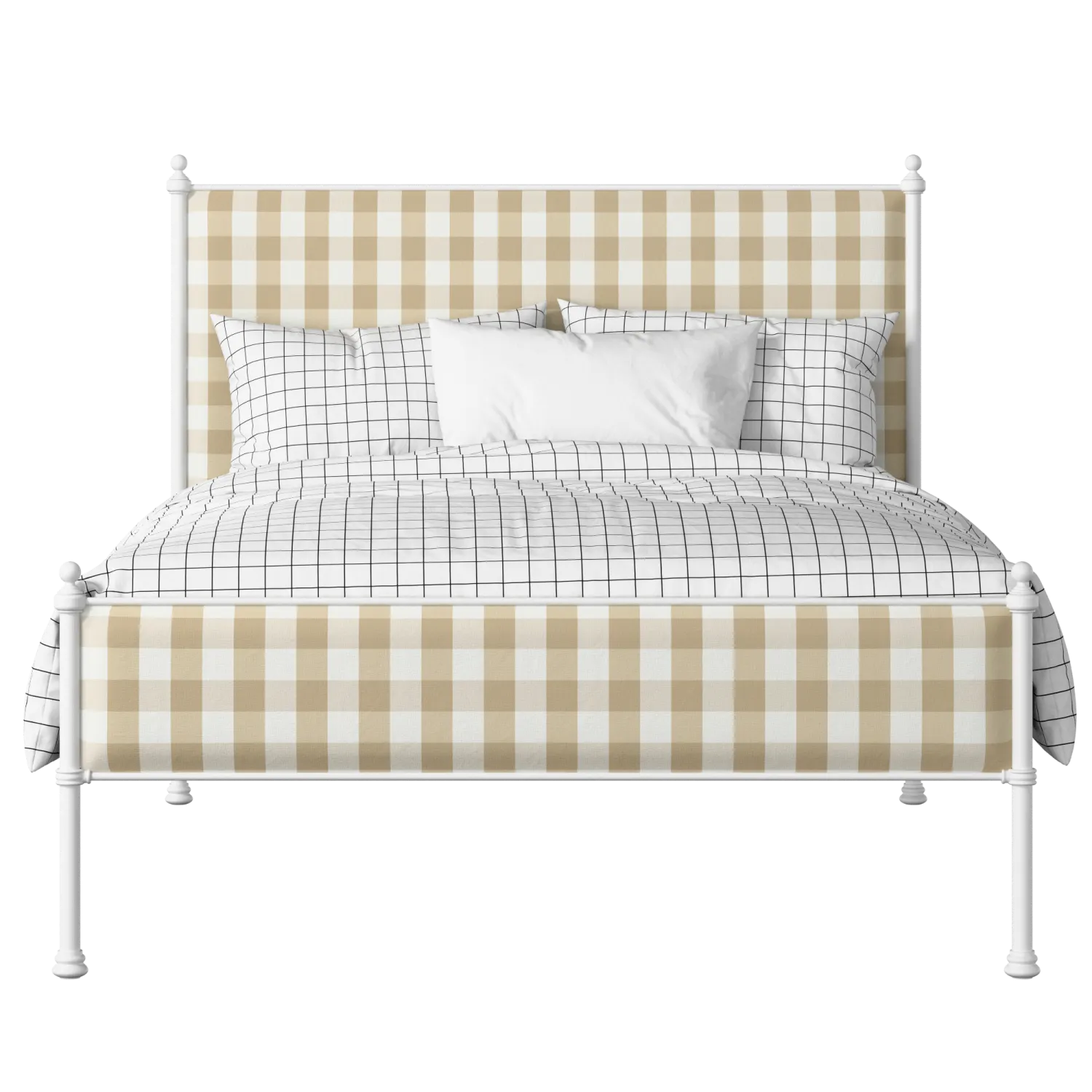 Neville Slim iron/metal upholstered bed in white with Romo Kemble Putty fabric