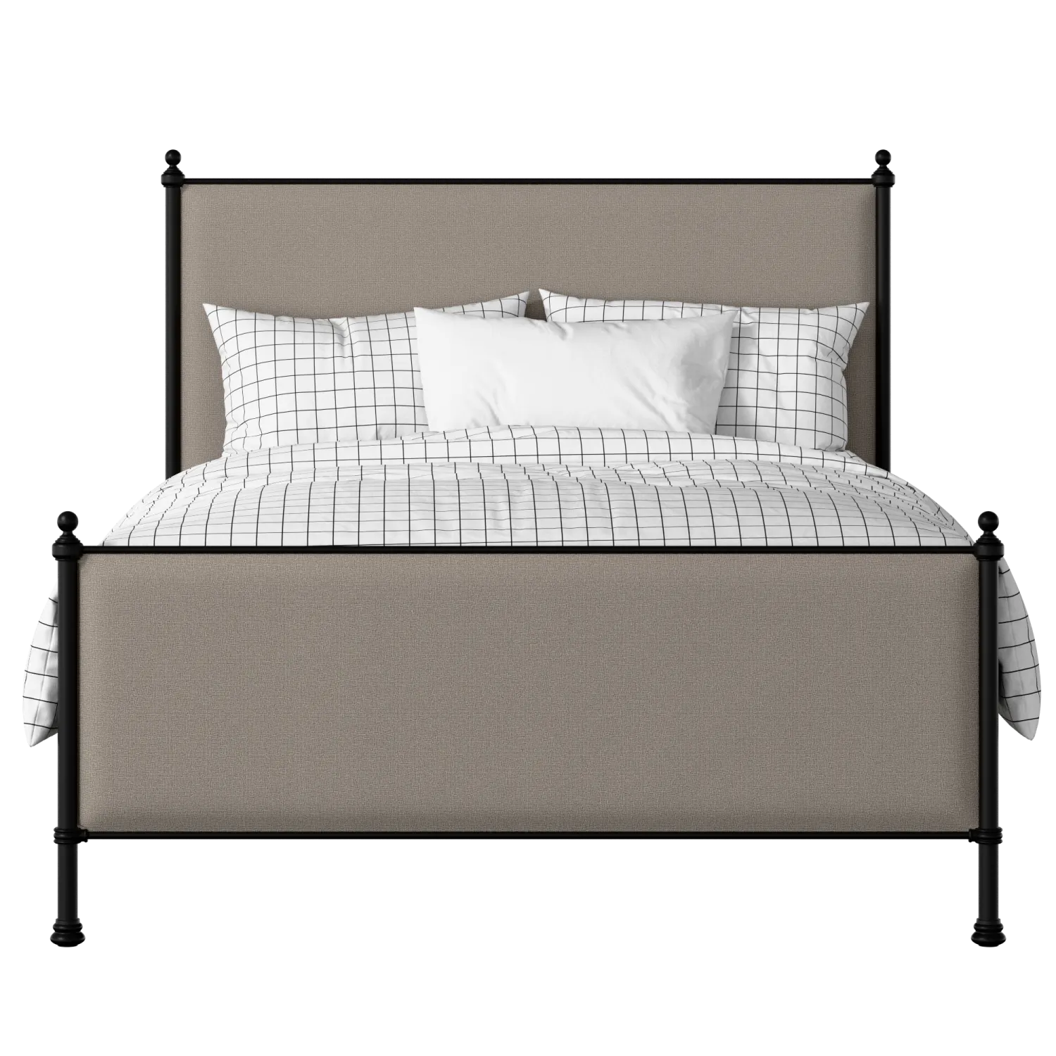 Neville iron/metal upholstered bed in black with storm grey fabric