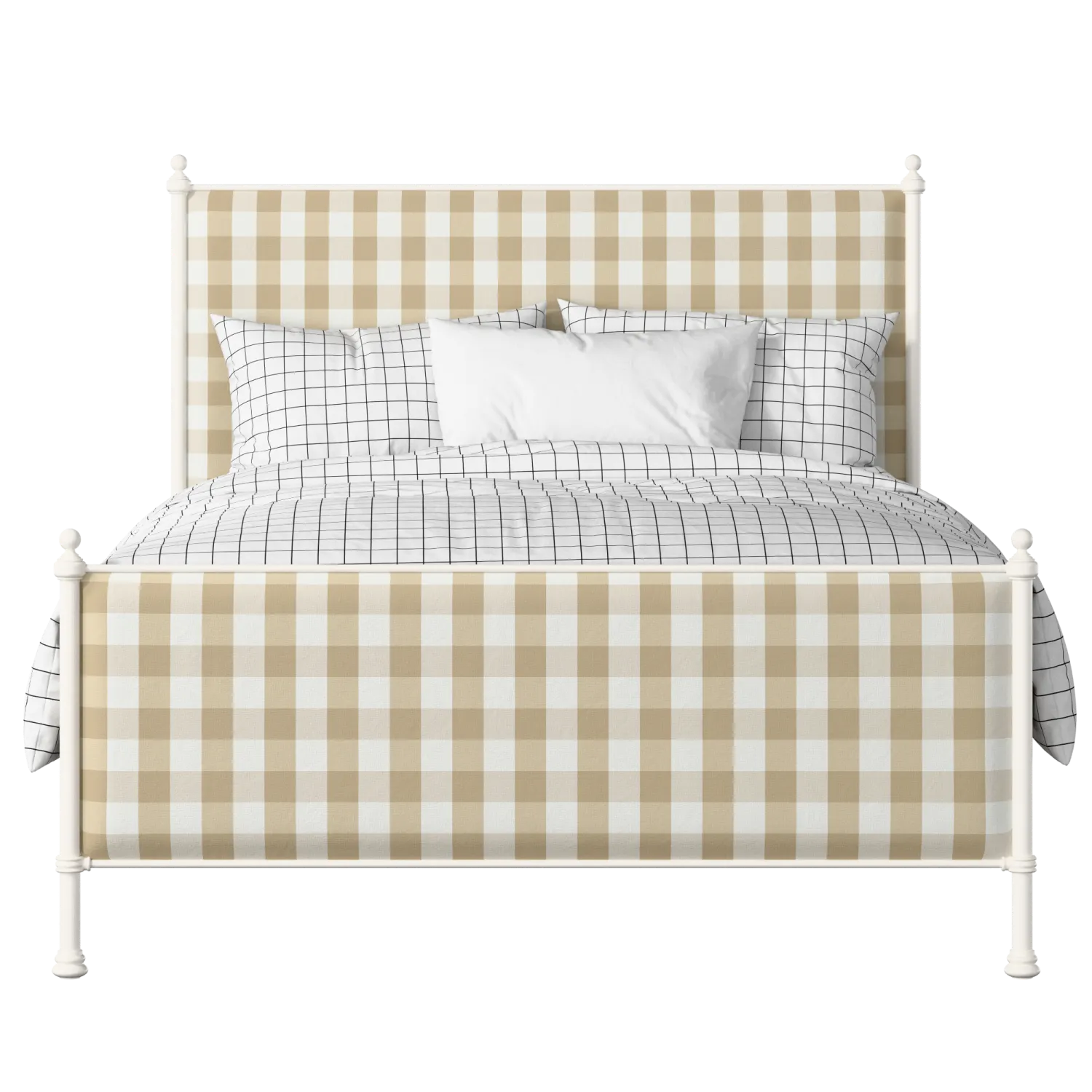 Neville iron/metal upholstered bed in ivory with Romo Kemble Putty fabric