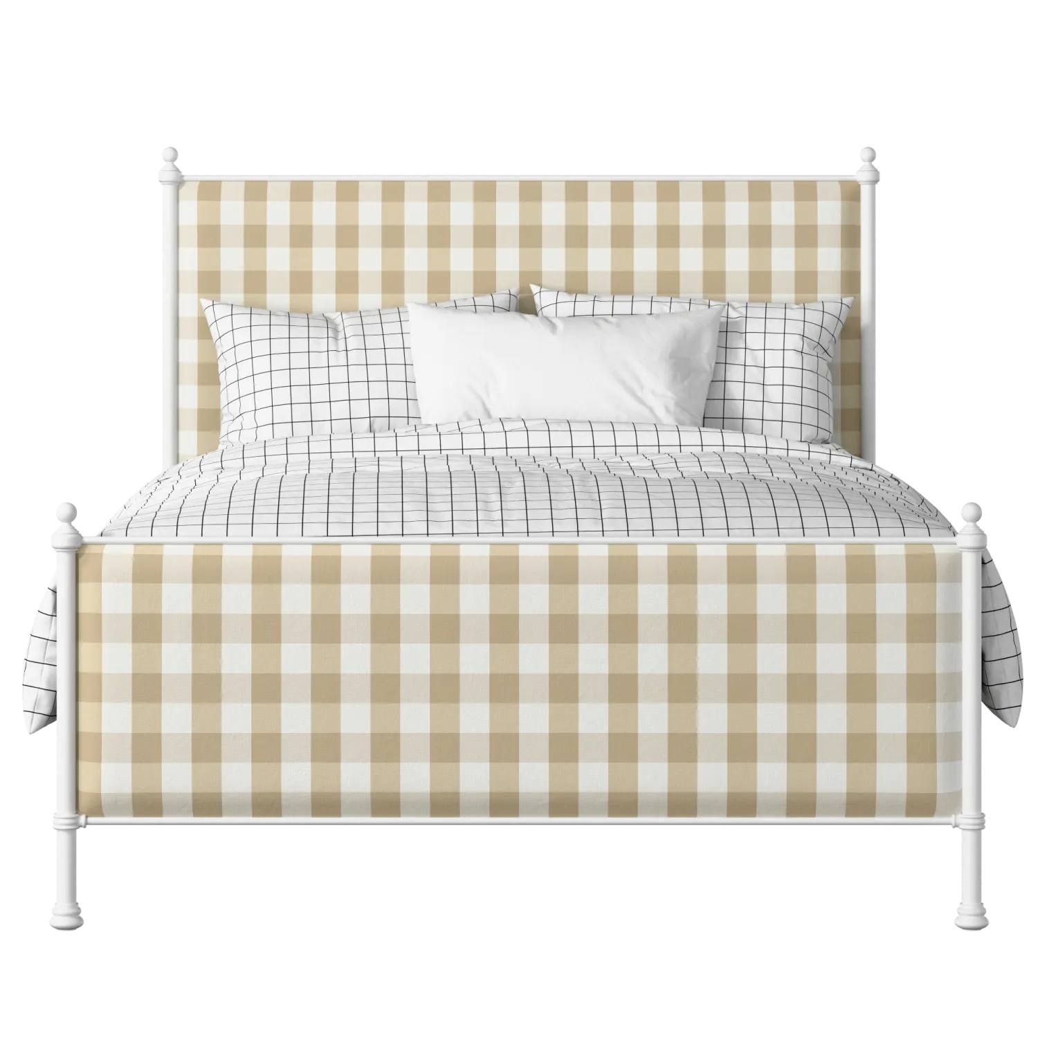 Neville iron/metal upholstered bed in white with Romo Kemble Putty fabric