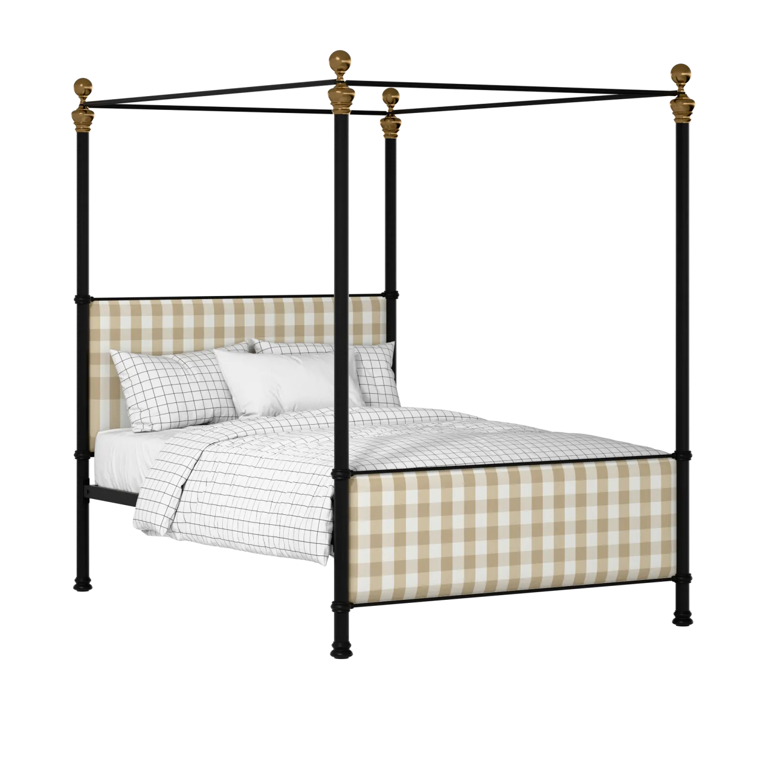 Riviere iron/metal upholstered bed in black with Romo Kemble Putty fabric