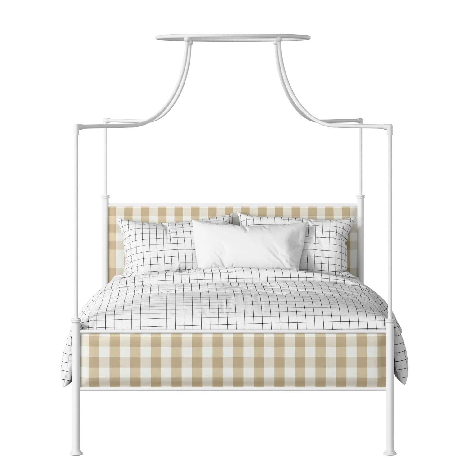 Waterloo Slim iron/metal upholstered bed in white with Romo Kemble Putty fabric