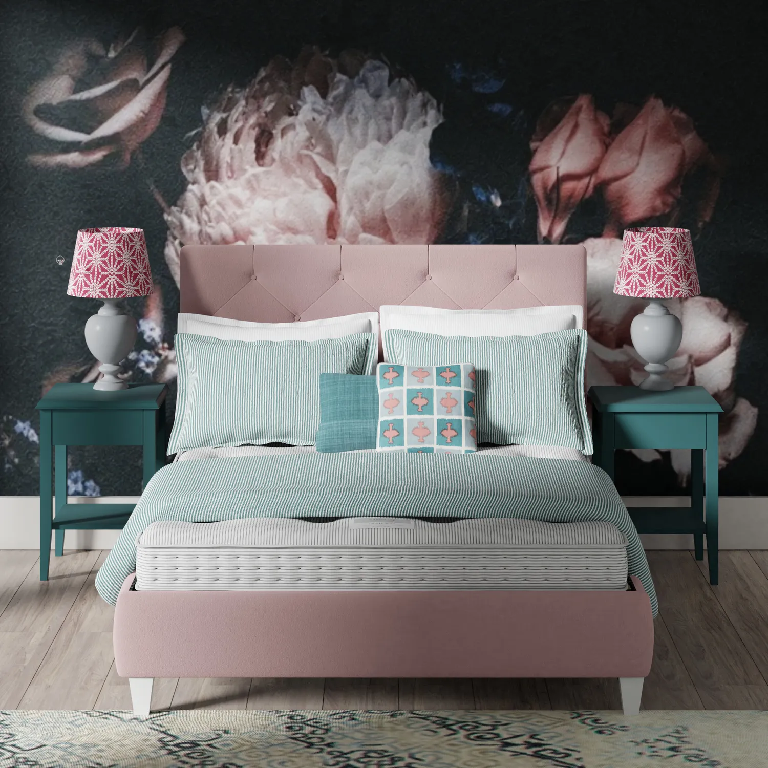 Yushan upholstered bed - Image blue and pink bedroom
