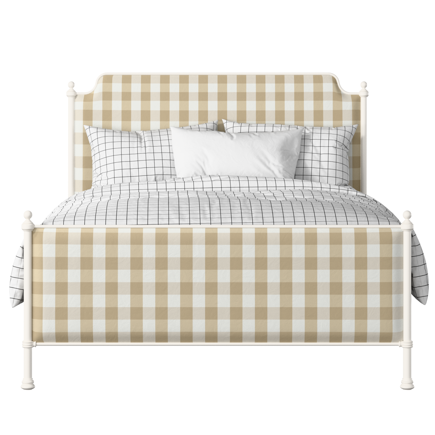 Miranda iron/metal upholstered bed in ivory with grey fabric